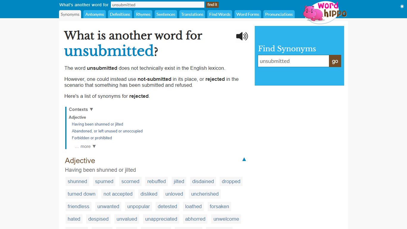 What is another word for unsubmitted - WordHippo